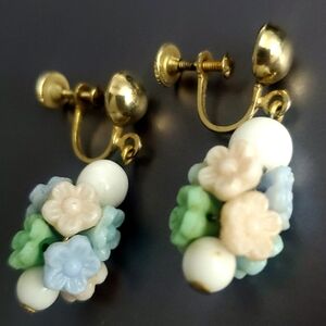 Vintage CORO Pastel Floral Cluster Screw Back Dangly Earrings Gold Tone